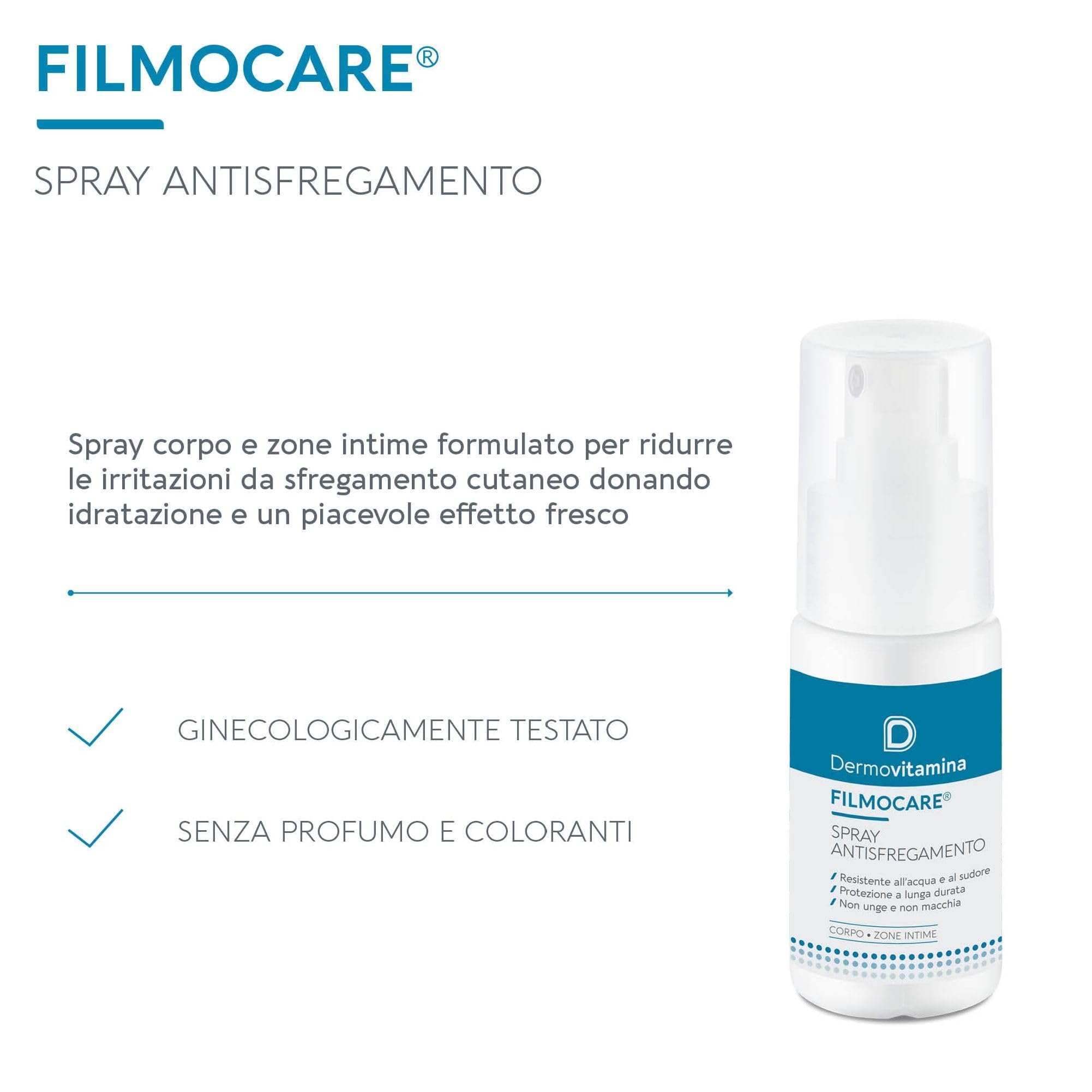 Dermovitamina Filmocare Spray Antisfregamento 30ml - Per Irritazioni da Sfregamento Cosce - Indicato per Sportivi - Lunga Durata - Resiste all' Acqua e al Sudore - Corpo e Zone Intime