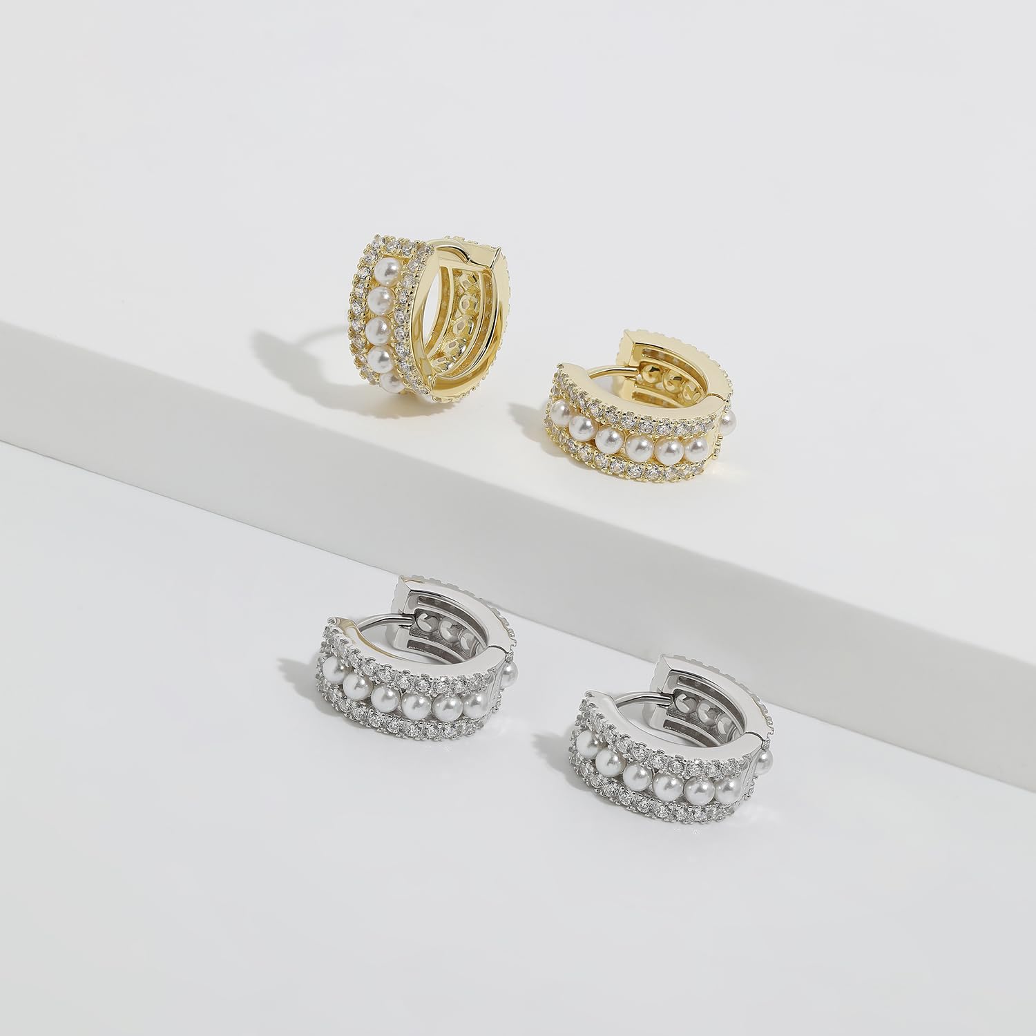 Meissa Pendientes Aro con Perlas para Mujer, Plata de Ley 925 con Baño en Oro o Plata Incrustaciones de Circonitas y Perlas Cierre de Bisagra