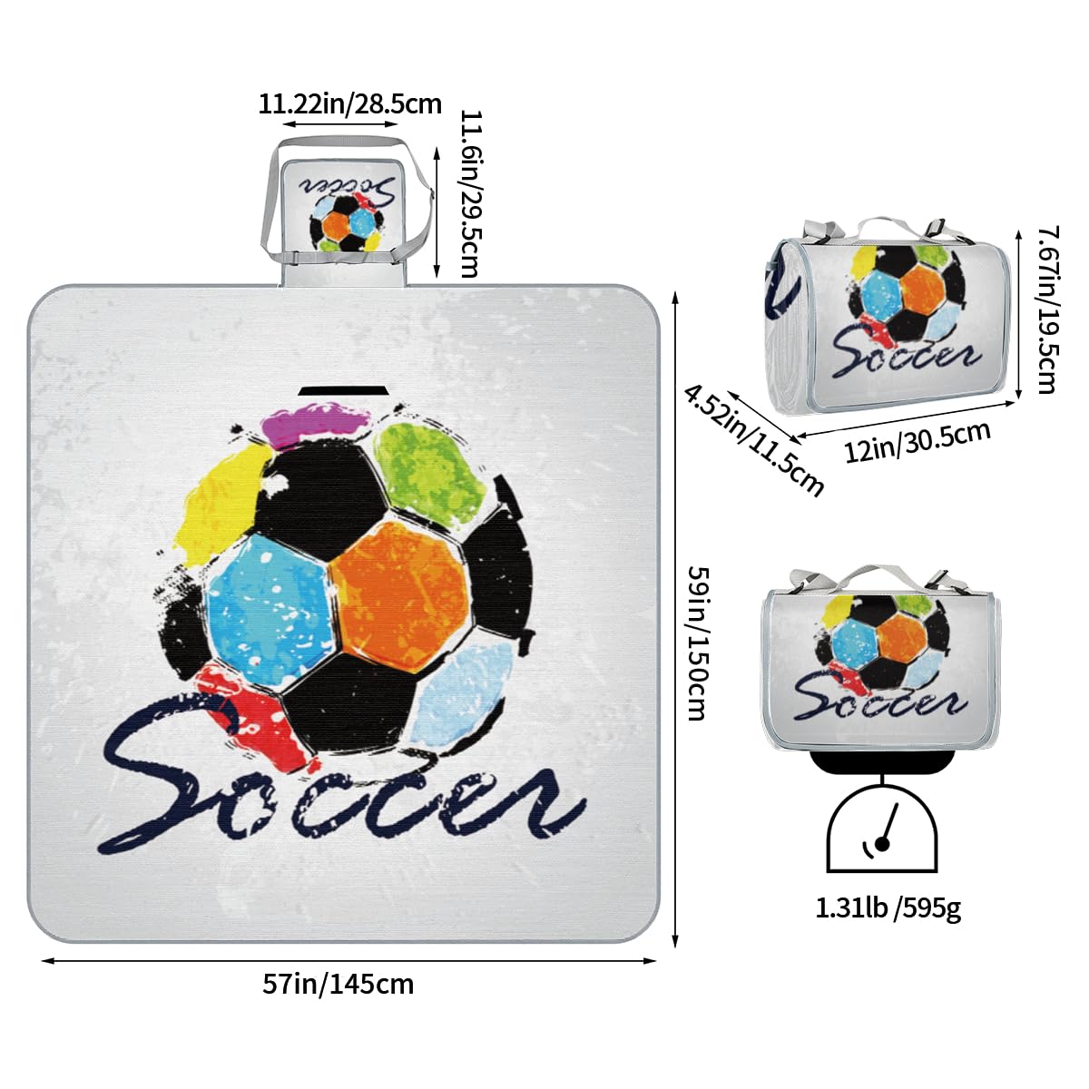 Shimoshe Picnic Blankets 57”x 59”, Watercolor Soccer Football Waterproof Sandproof Picnic Mat Lightweight Foldable Beach Blanket for Camping Park Grass Beach Outdoor Blanket