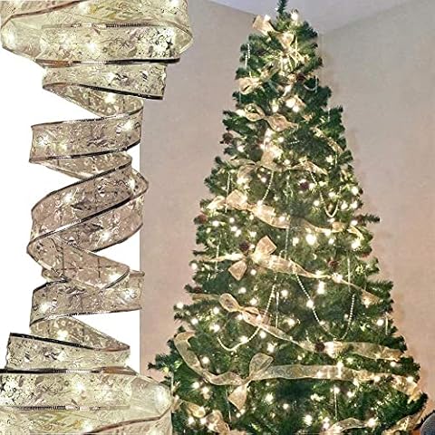 Viitech Christmas Tree Ribbon with Fairy Light, 10M Lamp Beads LED Satin String Lights, Christmas Tree Ribbon Hanging Wires Lights for Gift Box Packaging Christmas Tree Decoration (Warm White Cover