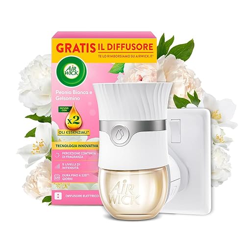 Air Wick Diffusore Elettrico di Oli Essenziali, 1 Diffusore completo gadget, 1 Ricarica per Diffusore Elettrico alla Fragranza Peonia Bianca e Gelsomino