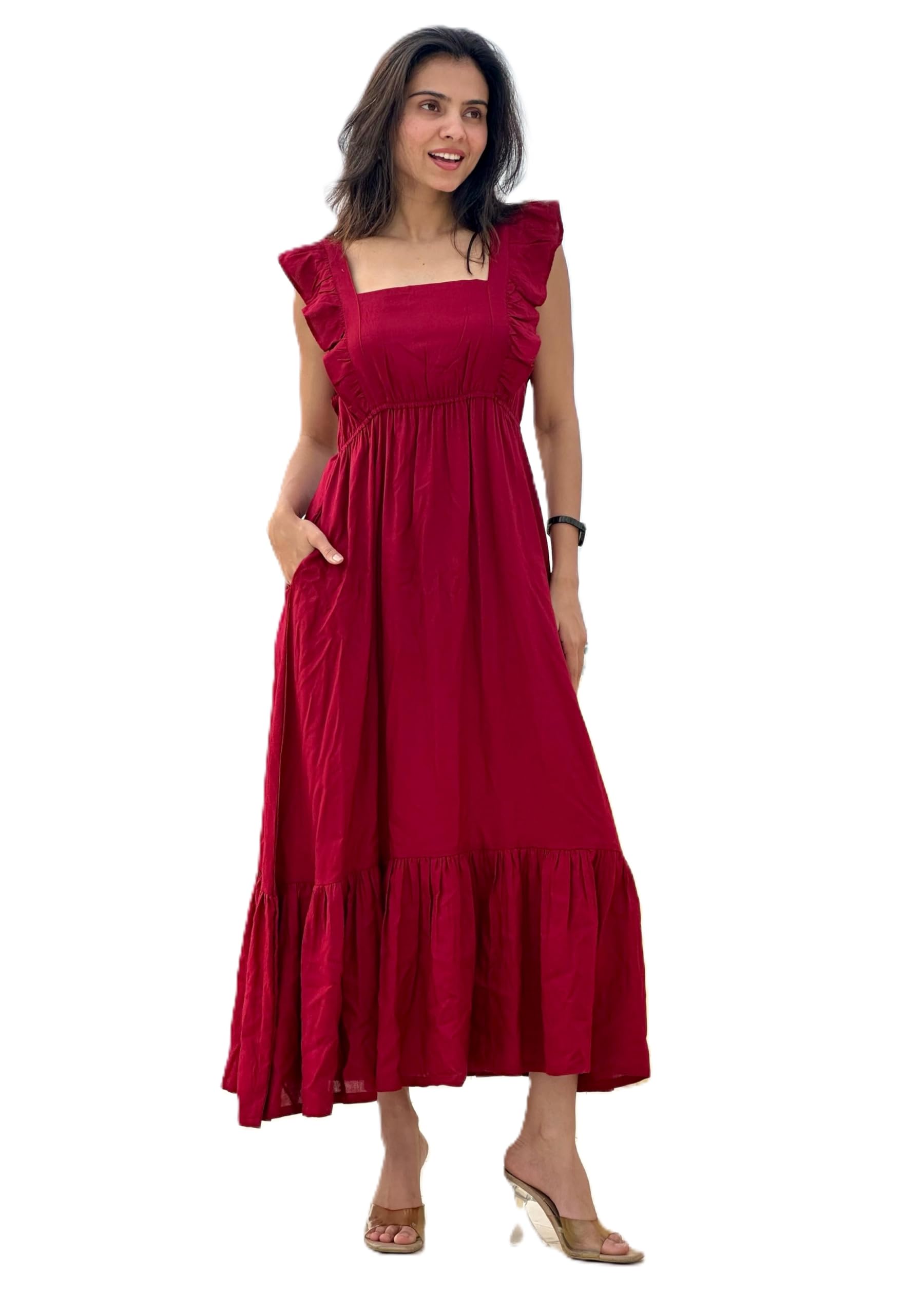 Women's Solid Rayon Dress A Line Maxi Dress Gown with Pocket Half Ruffle Sleeves Flared Kurti Dress-image-9