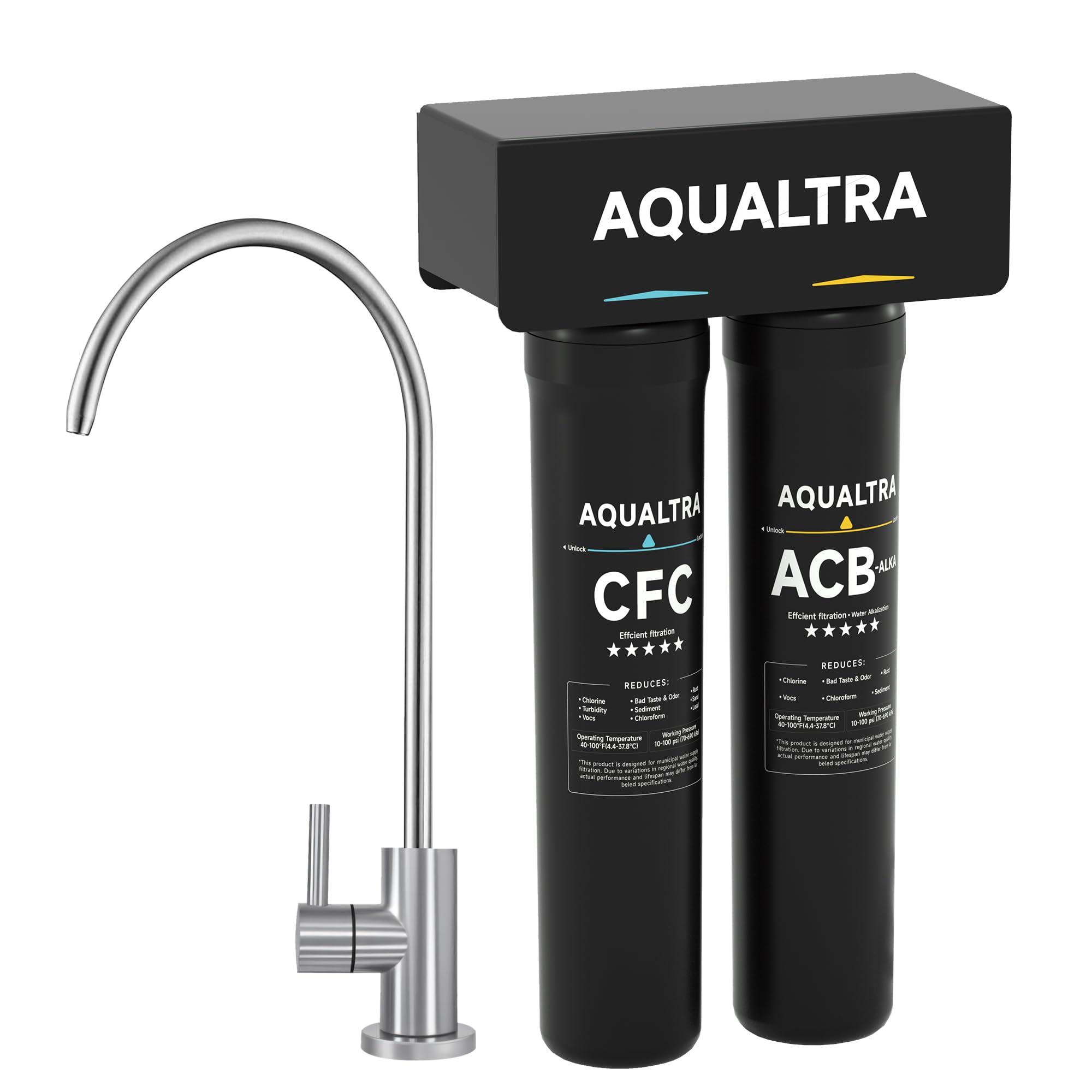 AQUALTRA USF-2F-15 Sistema sottolavabo leggermente alcalino con rubinetto, 106.000L, riduce PFOA, PFOS, cloro, piombo, mercurio, cloramina, fluoro, microplastiche, cattivo gusto e odore