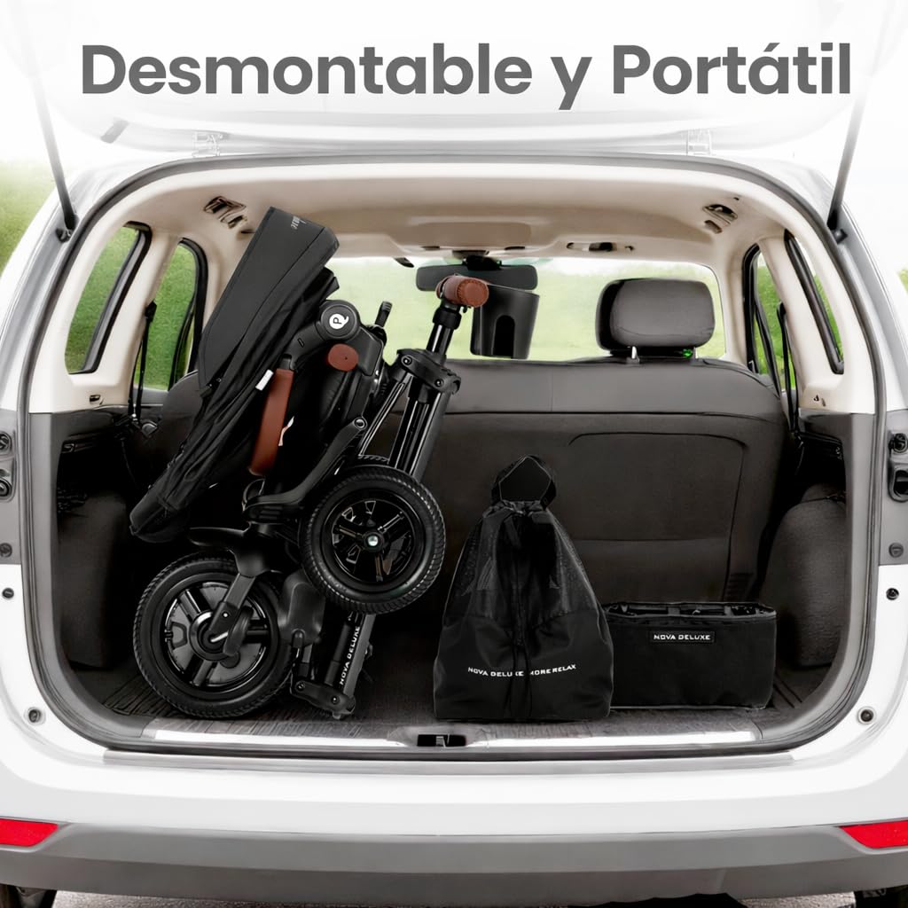 QPlay Carrito Evolutivo Nova Deluxe, con Asiento Giratorio, Plegado Compacto, Capota Ajustable, Cuero Hecho a Mano, Reposapiés y Frenos - Para Niños de 10 a 36 Meses (Negro)