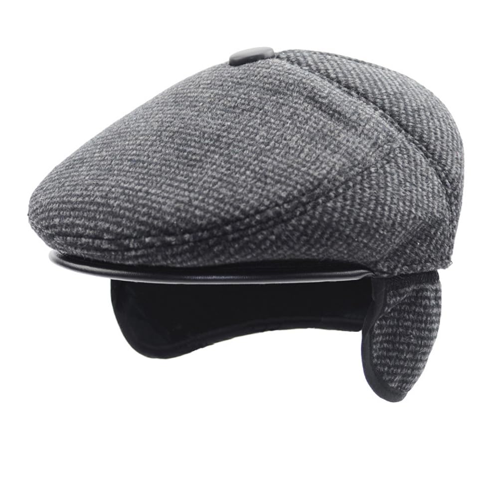 iEaseyMen's Winter Flat Cap with Ear Flaps Wool Blend Warm Newsboy Ivy Hat Derby Tweed Irish Caps Peaked Cabbie Gatsby Beret Hat Driving Cap UK Grandad Hat Men Outdoor Hunting Golf Winter Hat