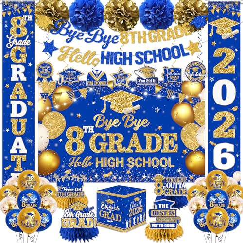 8th Grade Graduation Decorations Blue Gold Bye Bye 8th Grade Hello High School Decorations Banner Hanging Swirls Honeycomb for Middle School Graduation Decorations