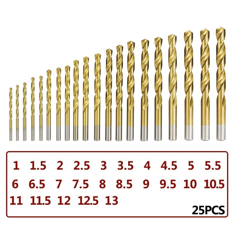 13-25pc zestaw wierteł spiralnych powłoka TiN wiercenie HSS 1.0-13mm wiertło pistoletowe do drewna elektronarzędzia do obróbki metalu wykrawacz otworów w drewnie(25pcs)