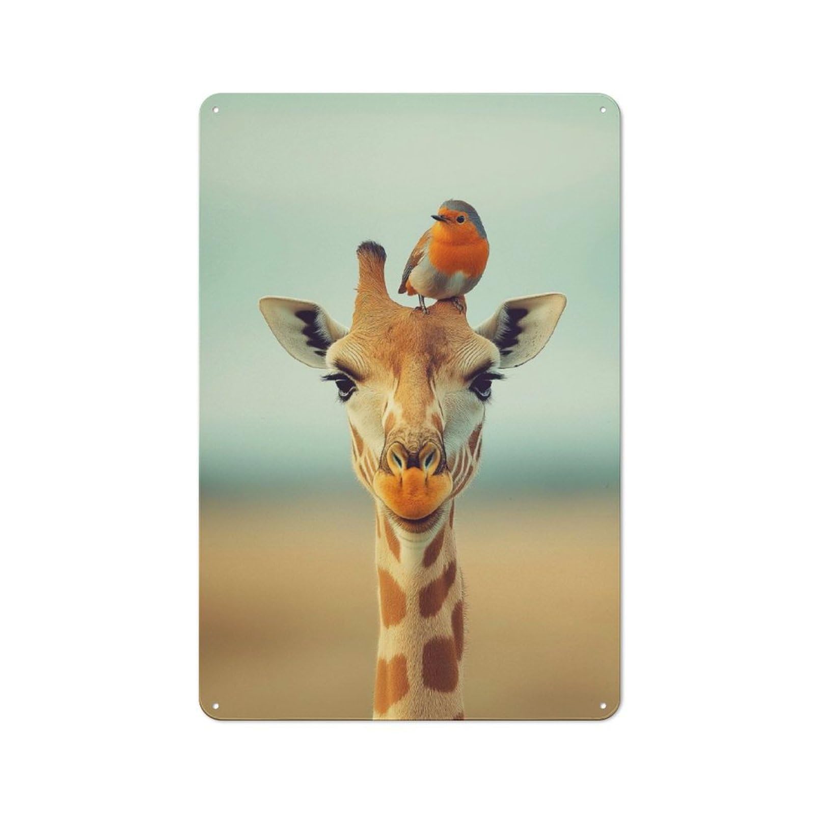 Junmoney Giraffe Wildlife In Africa And Robin On Head 30X20cm Retro Printed Metal Sign With For Workshop Wall, For Vintage Wall Decor Fans, For Themed Room Decoration