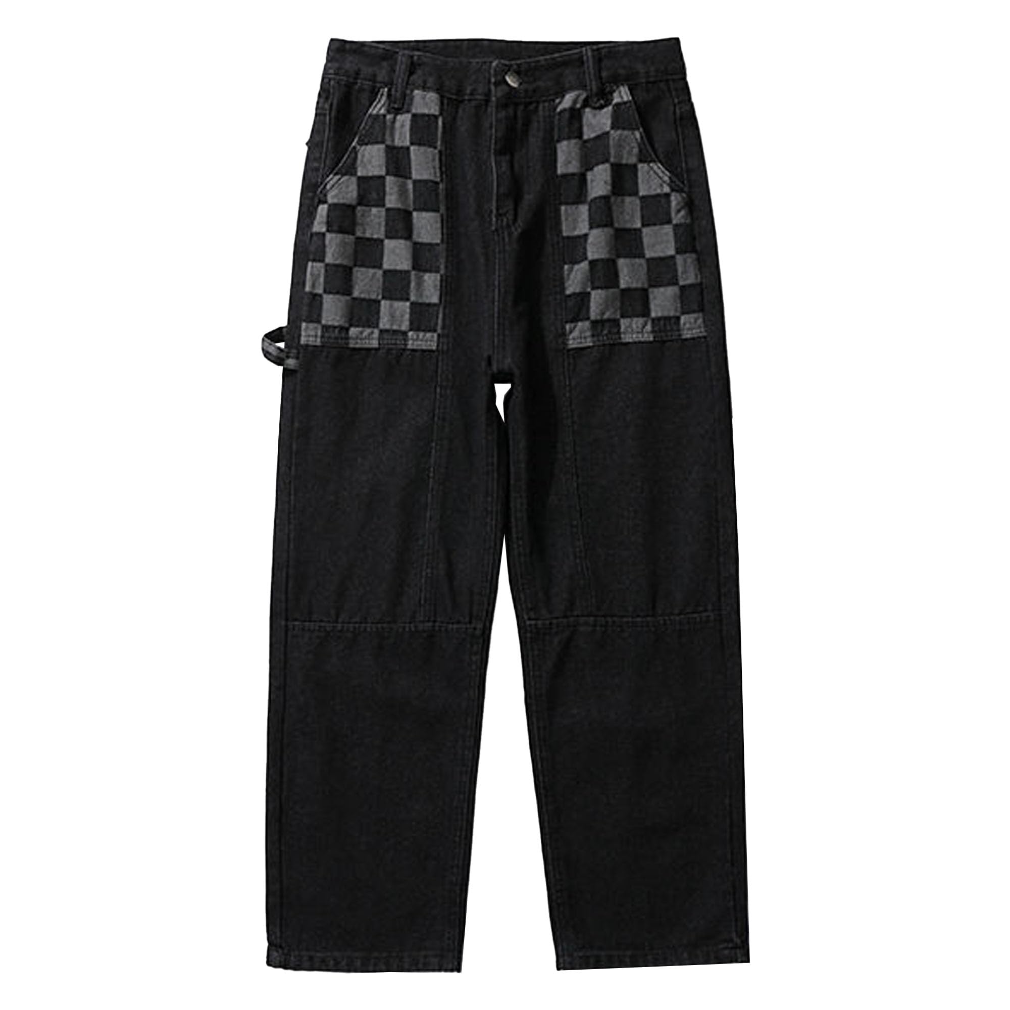 Maiyifu-GJ Jeans for Men Patchwork Checkered Straight Hip Hop Relaxed Fit Denim Pants Baggy Casual Streetwear Jean Trousers (Black,XX-Large)
