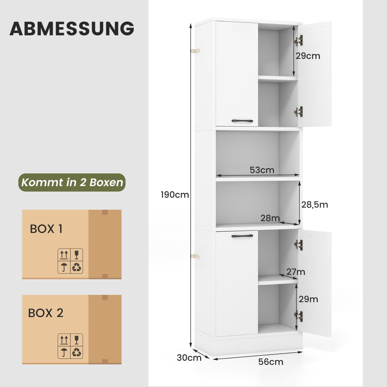 GIANTEX Badschrank Hochschrank, Badezimmerschrank 190 cm Hoch, Badkommode Aufbewahrungsschrank 6 Regalen & 4 Türen, Mehrzweckschrank Sideboard Küchenschrank Vorratsschrank 56x30x190 cm (Weiß)