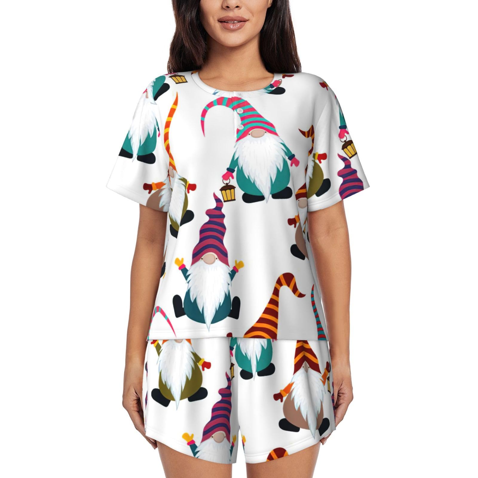 Ghjkfbf Women's Black Xmas Funny Gnomes Print Pajama Sets Lounge Sets Crew Neck Sleepwear Split Shorts Set Soft Pjs, Xl