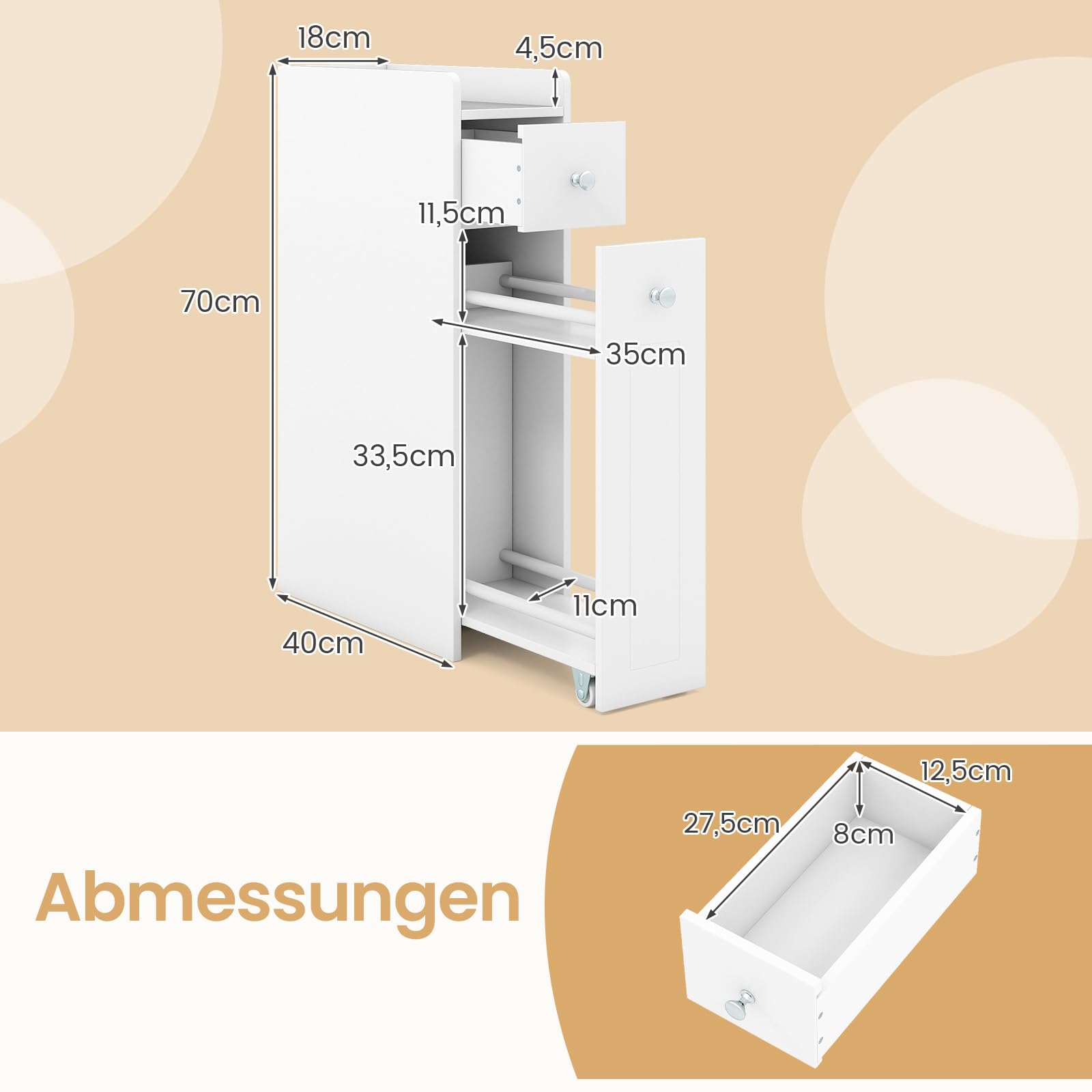 COSTWAY Nischenschrank, Badschrank mit Schublade & Rollen, Badezimmerschrank klein, Aufbewahrungsschrank Holz, Seitenschrank für kleine Räume (Weiß)