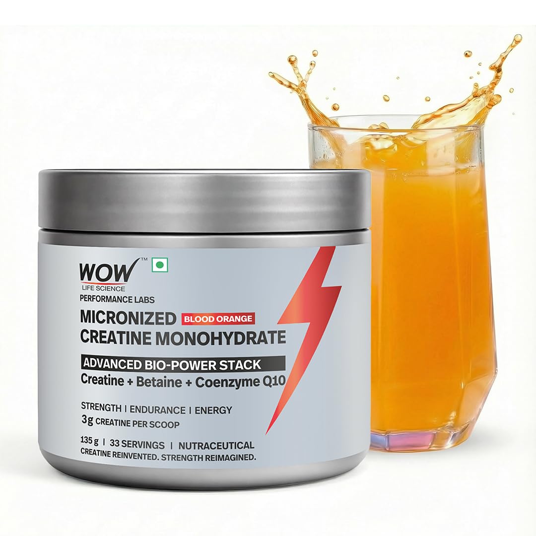 WOW Life Science Micronized Creatine Monohydrate Powder – ADVANCED BIO‑POWER STACK | 3g Creatine per Scoop with Betaine & Coenzyme Q10 | Strength, Power & Lean Muscle Support | No Bloat Formula | No Added Sugar | Great Tasting | For Men & Women | 135g (33 Servings) | Orange