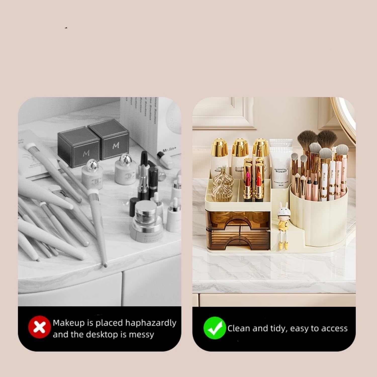 Makeup Organizer for Vanity with 2 Drawers,Countertop Rotating Makeup Brush Holder,Bathroom Organizer Holder,Cosmetic Display Case for Lipstick,Beauty,Skincare Organizer (Cream) - Image 4