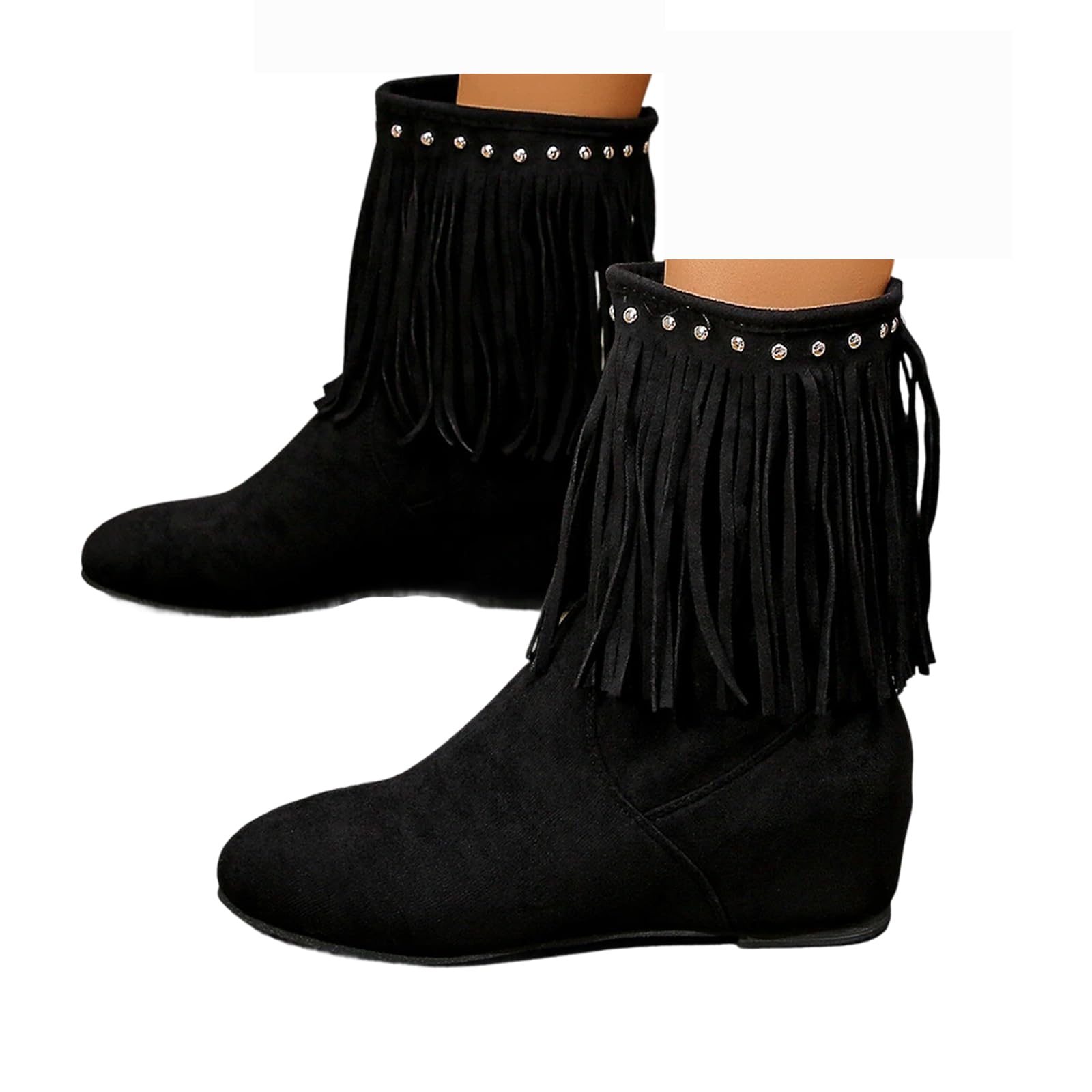 Womens Suede Tassels Mid Calf Boots Western Fringe Cowgirl Booties Retro Height Increase Slip-on Ankle Boots