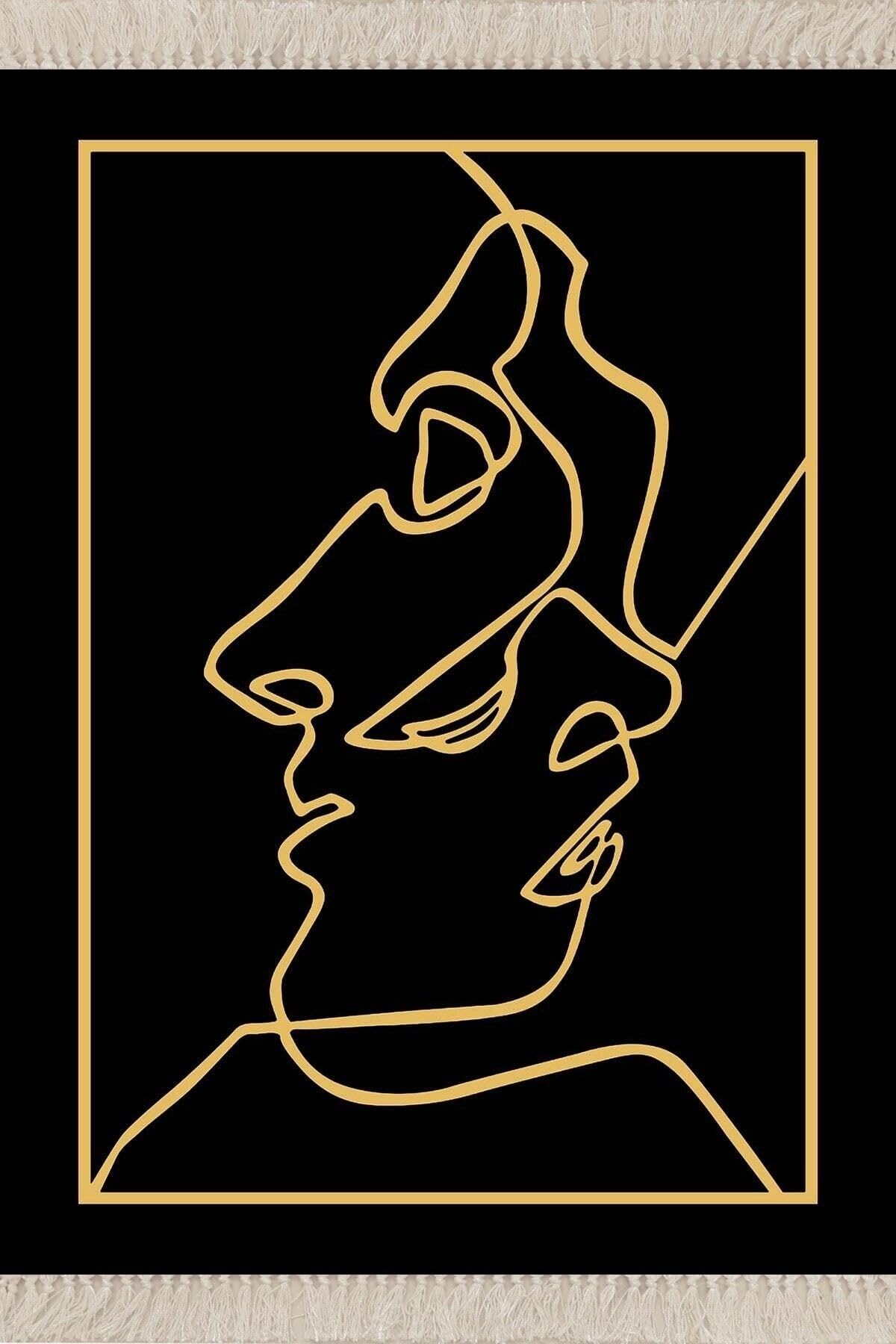 Pelangi Line Art Yüz Desenli Dijital Baskı Yıkanabilir Modern Salon Halı, Siyah-Sarı 80 x 300