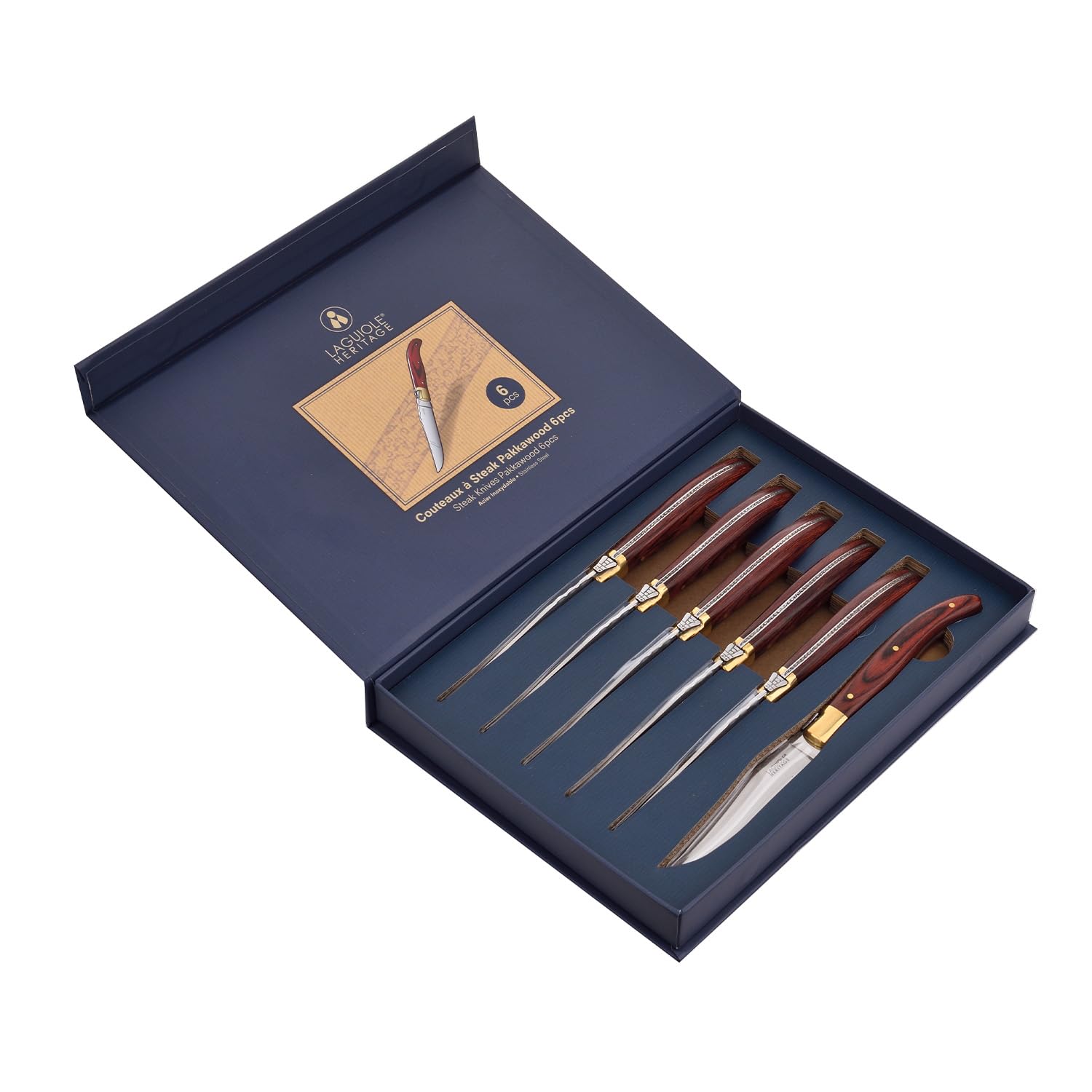 Laguiole Heritage Couteaux à steak - 6 pièces - Jeu de couteaux à steak en bois Pekka