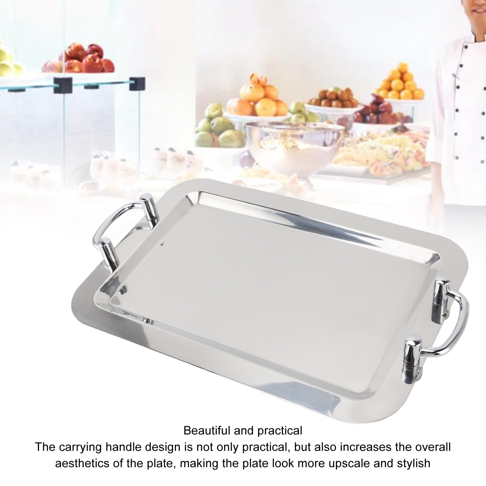 Stainless Steel Serving Tray with Handle, Multifunction Portable Metal Platter, Elegant and Practical Dinner Plate for Restaurant Hotel Buffet (Rectangle Shape with Silver Handle, 47.5cm)
