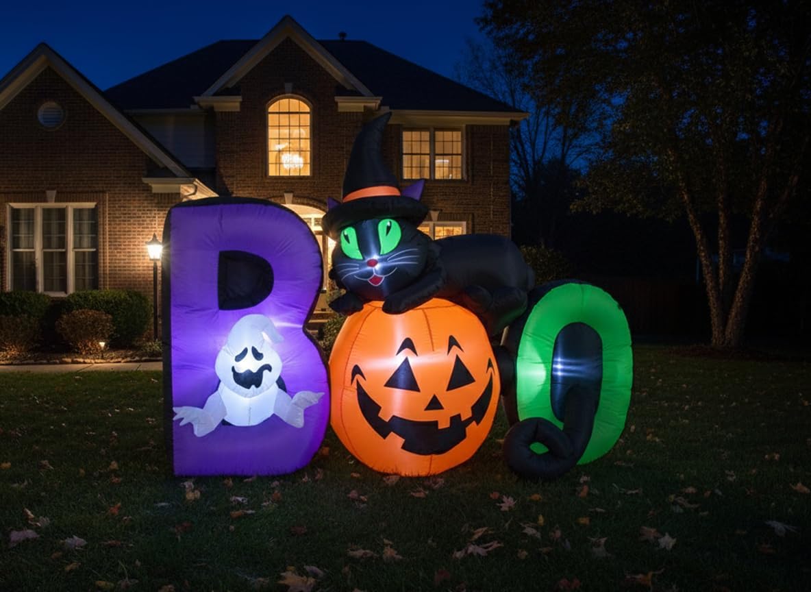 6 FT Long Lighted Halloween Inflatable Black Cat Ghost Pumpkin Boo LED Lights Decor Outdoor Indoor Holiday Decorations, Blow up Lighted Yard Decor Lawn Inflatables Home Family Outside