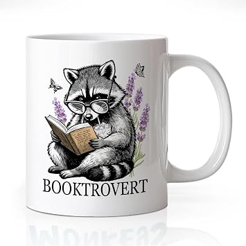 Booktrovert Raccoon Reading Book 11 oz Ceramics Coffee Mug | Funny Introverted Reader Book Lover Cup, Bookworm Librarian Bibliophile Tea Milk Cup, Birthday Gifts for Book Club Member
