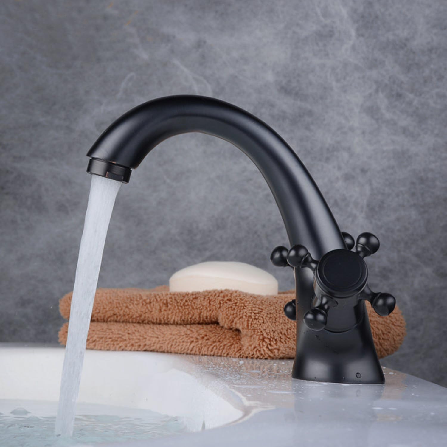 Grifo de lavabo de dos asas, grifo de baño de latón,mezclador de lavabo de baño retro,mezclador de lavabo caliente y frío (negro)