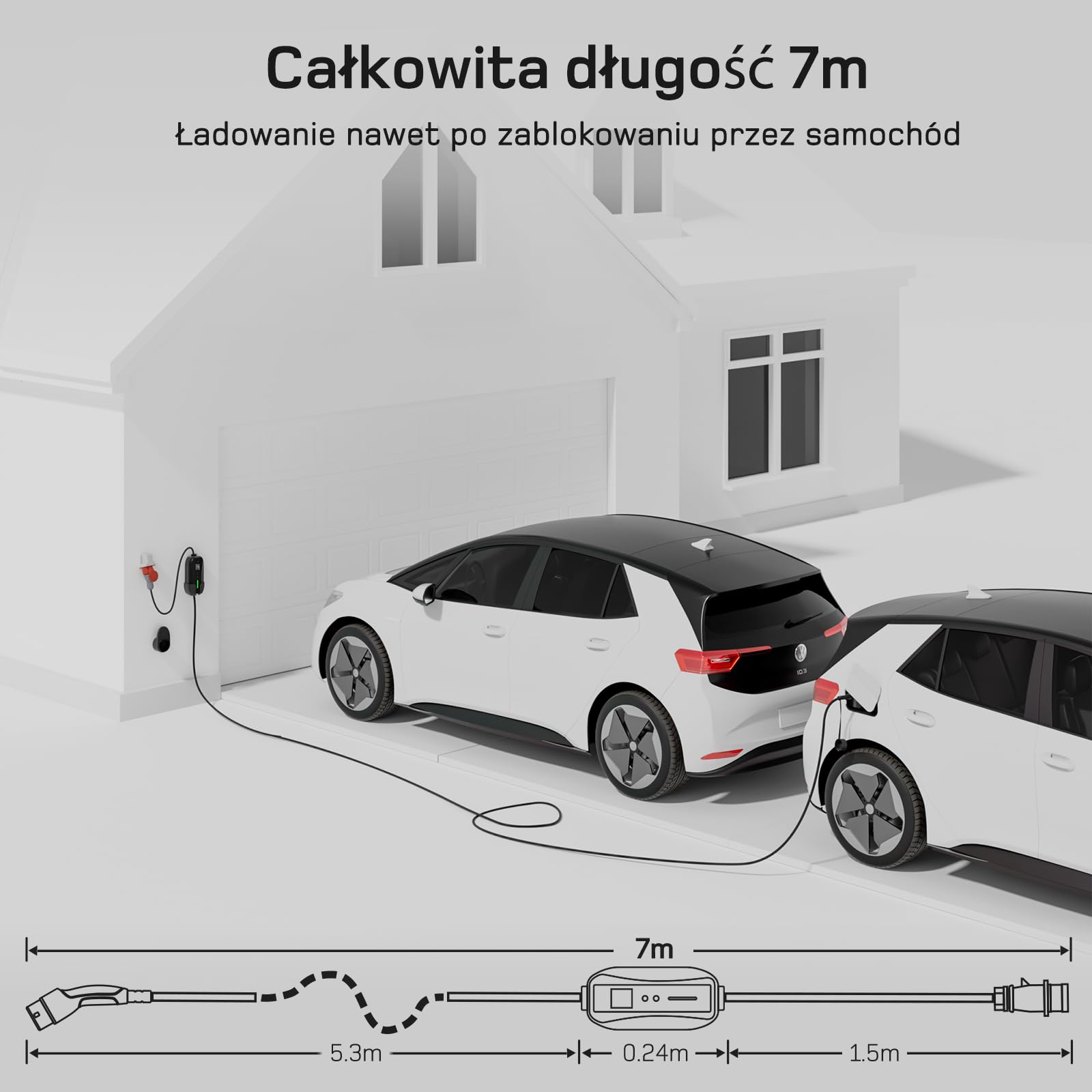 dé Mobilna Stacja ładowania/wallbox 11 kW (3-fazowa/7 m/6-16 A) z zestawem adapterów, kablem CEE 16 A do typu 2 i ładowarką EV do modeli Y/3, ID.3/4/5, MG4, EX30 i innych pojazdów elektrycznych
