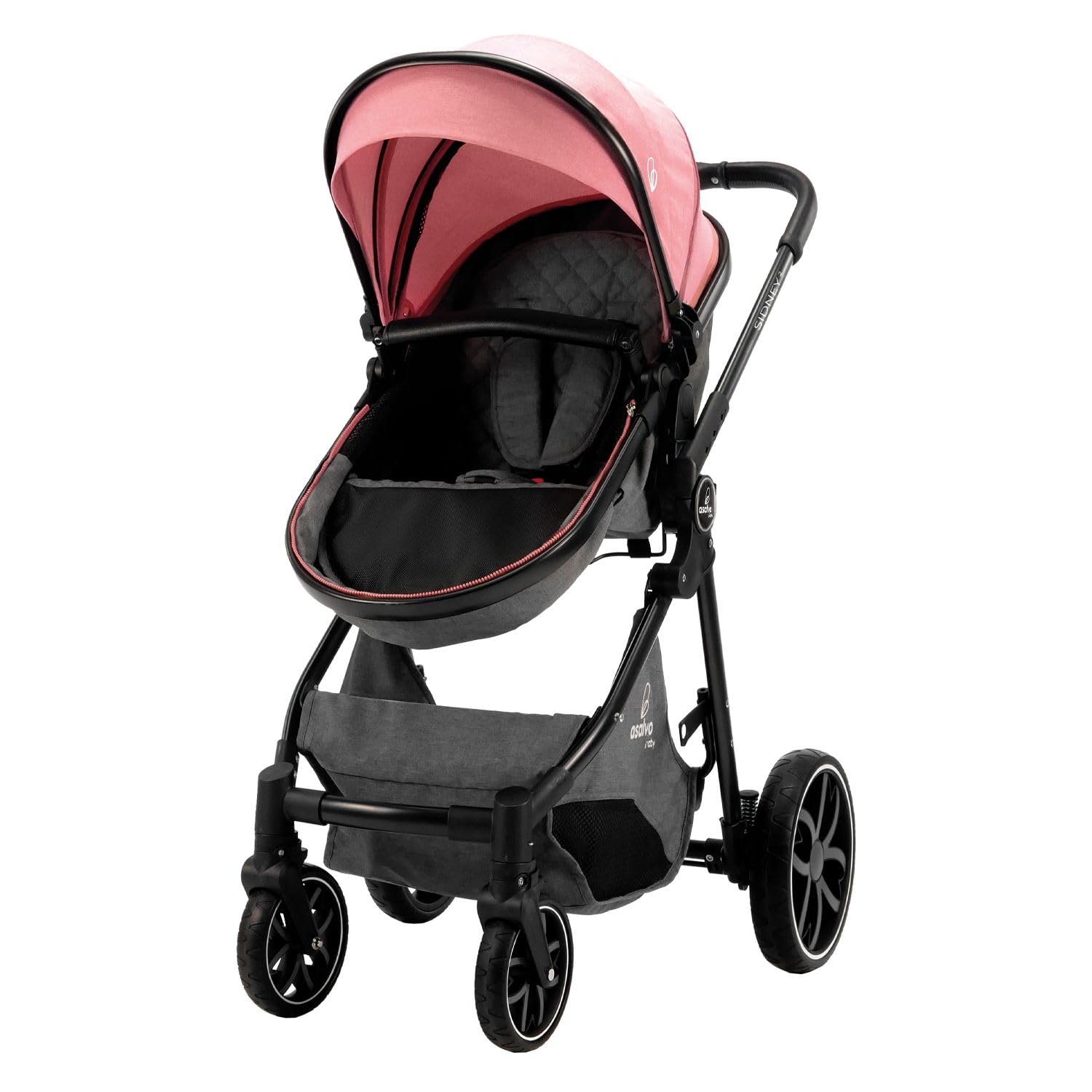 Asalvo SIDNEY 2 Trío Convertible 3 en 1, Silla de paseo, Carrito de bebé, Silla de Auto, Confortable, Segura, Capota extensible, Suspensión en las Ruedas, Freno trasero, Carga Máxima 23 kg, Rosa