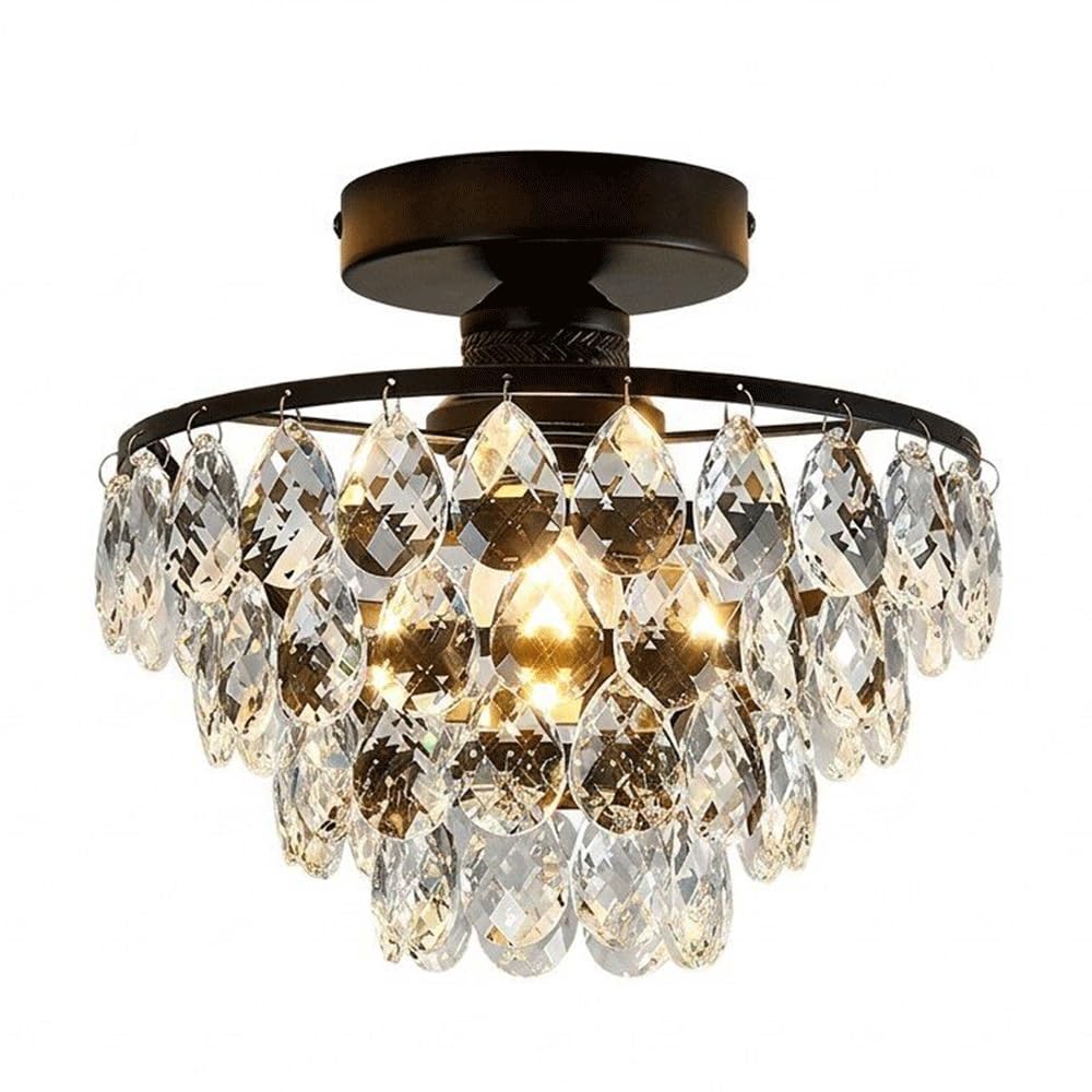 MESOVFCA Modern Crystal Flush Mount Ceiling Light Black Gold Iron Ceiling Lamp 10 Inch Diameter Lighting Fixture for Hallway Entryway Bathroom Bedroom E26 Base(Black)