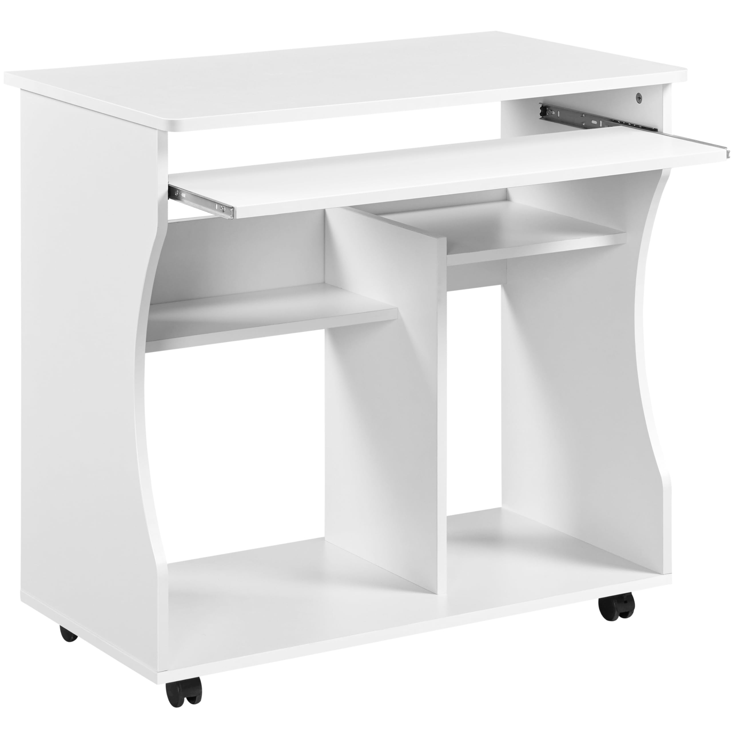 Yaheetech Scrivania per PC Tavolo da Studio Scrittoio Compatto Mobile Porta PC con Tastiera Estraibile Studio Mobiletto Ufficio Potra PC con 4 Ruote Bianca