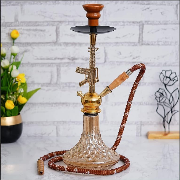 SS Red Golden Gun Hookah Set | Hukkka Accessories like Chillum Glass Hukkah Pot | Party Wedding Gathering Social Event Friend Daily Use Household Livingroom Guestroom Bedroom Home Office Room Use (Multicolor_19 In)
