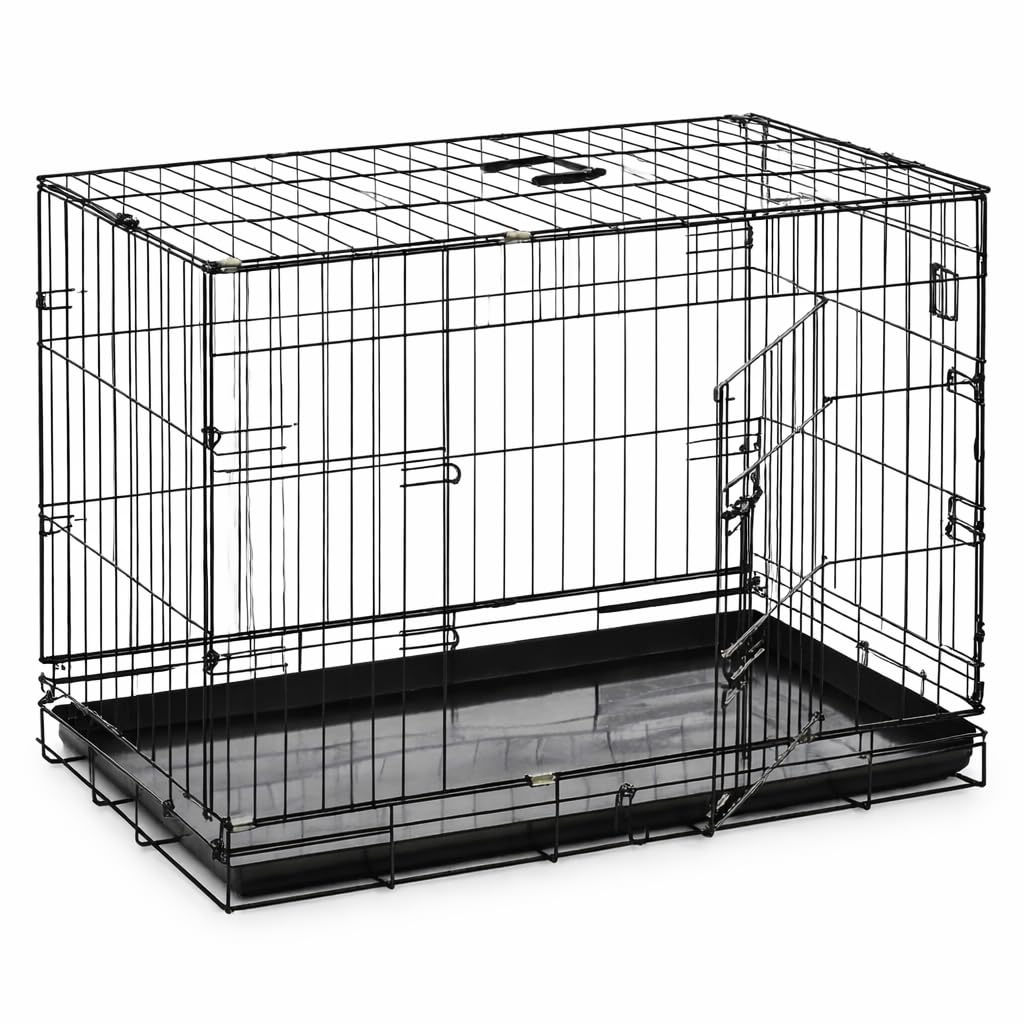 Raxter Puppy Dog Crate 30 Inch Foldable Double Door 4 Locks Metal Dog Cage with Carry Handle & Removable Plastic Tray Small Pet Playpen Kennel for Cats, Dogs Training, Animals Travel & Safety