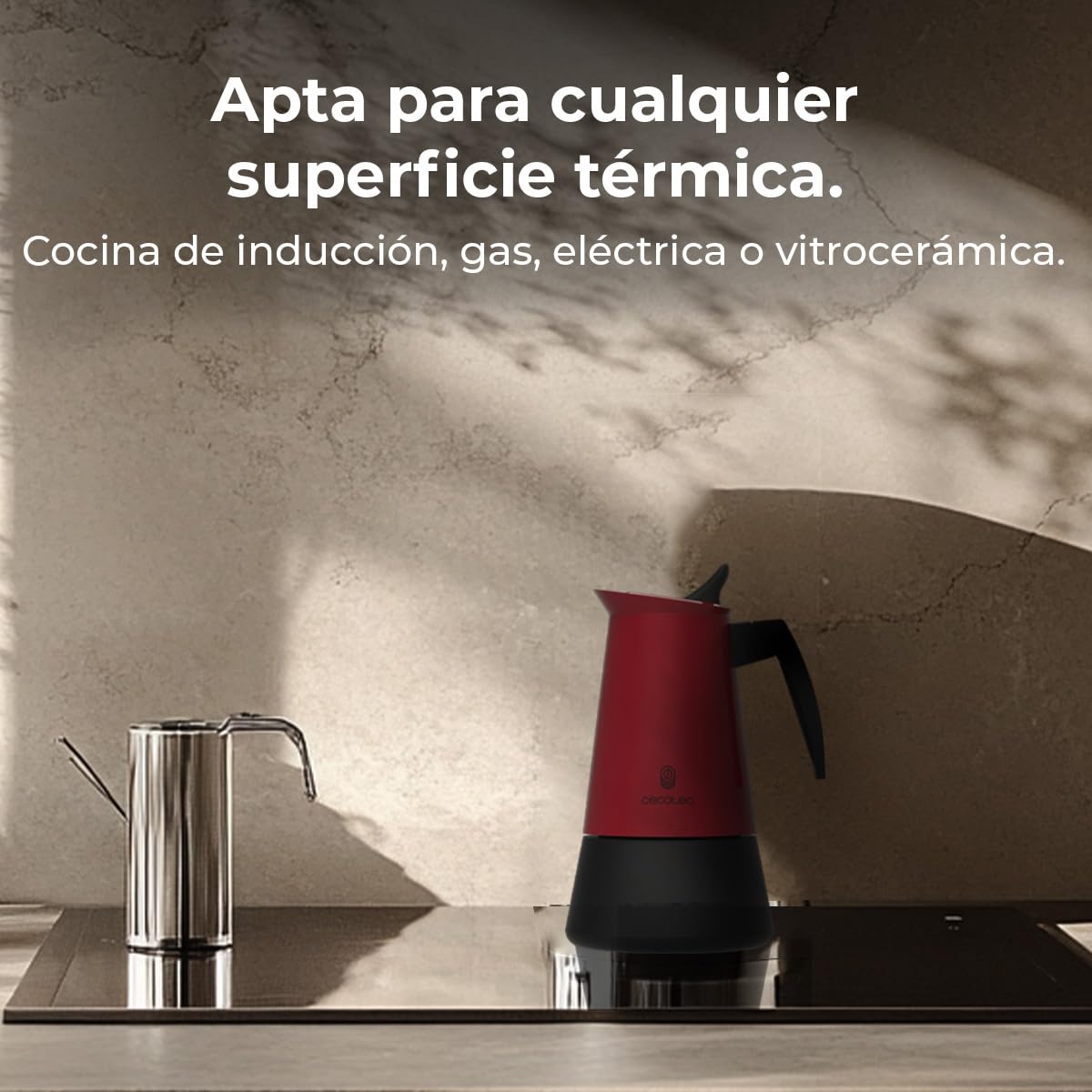 Cecotec Moka Piccolina 400 Red. 200 ml, włoska stal nierdzewna, nadaje się do wszystkich powierzchni, pojemność 4 filiżanki, ergonomiczny uchwyt, filtr ze stali nierdzewnej, zawór bezpieczeństwa