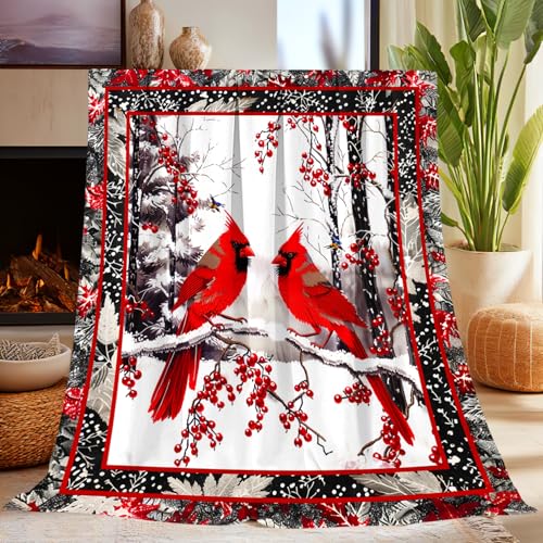 Cardinal Blanket Gifts for Women Girls Super Soft Unique Red Cardinal Stuffed Decor Bird Berries Winter Microfiber Throw Blanket Gifts for Christmas Warm Cozy Plush Fleece Flannel Blankets 50x40