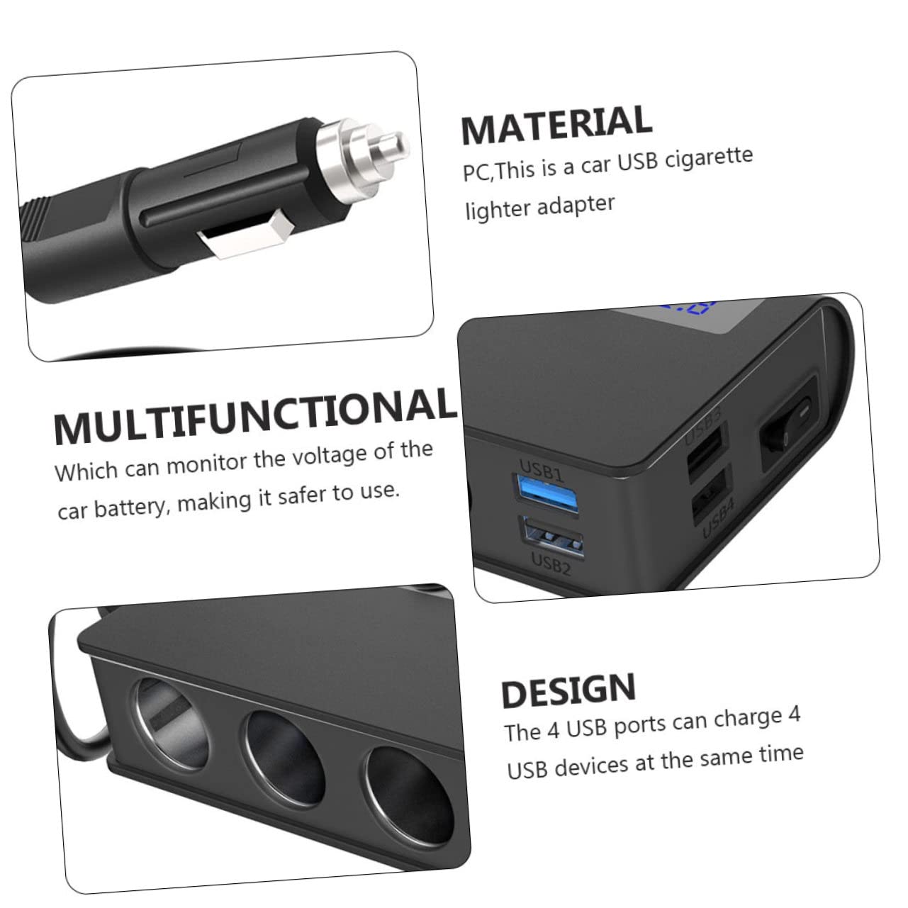 Adattatore Splitter per Auto 180w, 4 Porte Usb, Presa Accendisigari 1 a 3, Rilevamento Intelligente e Protezione per Auto e Camper