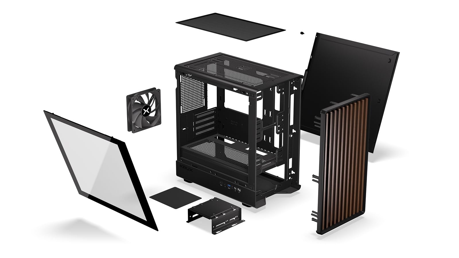 KRUX Helio, microATX Mini ITX Gehäuse, Echtholz Design, Glasfenster, 120mm PWM Lüfter, USB-C, USB 3.0, GPU bis 320mm, CPU bis 175mm, Staubfilter, Schwarz mit Holz-Front