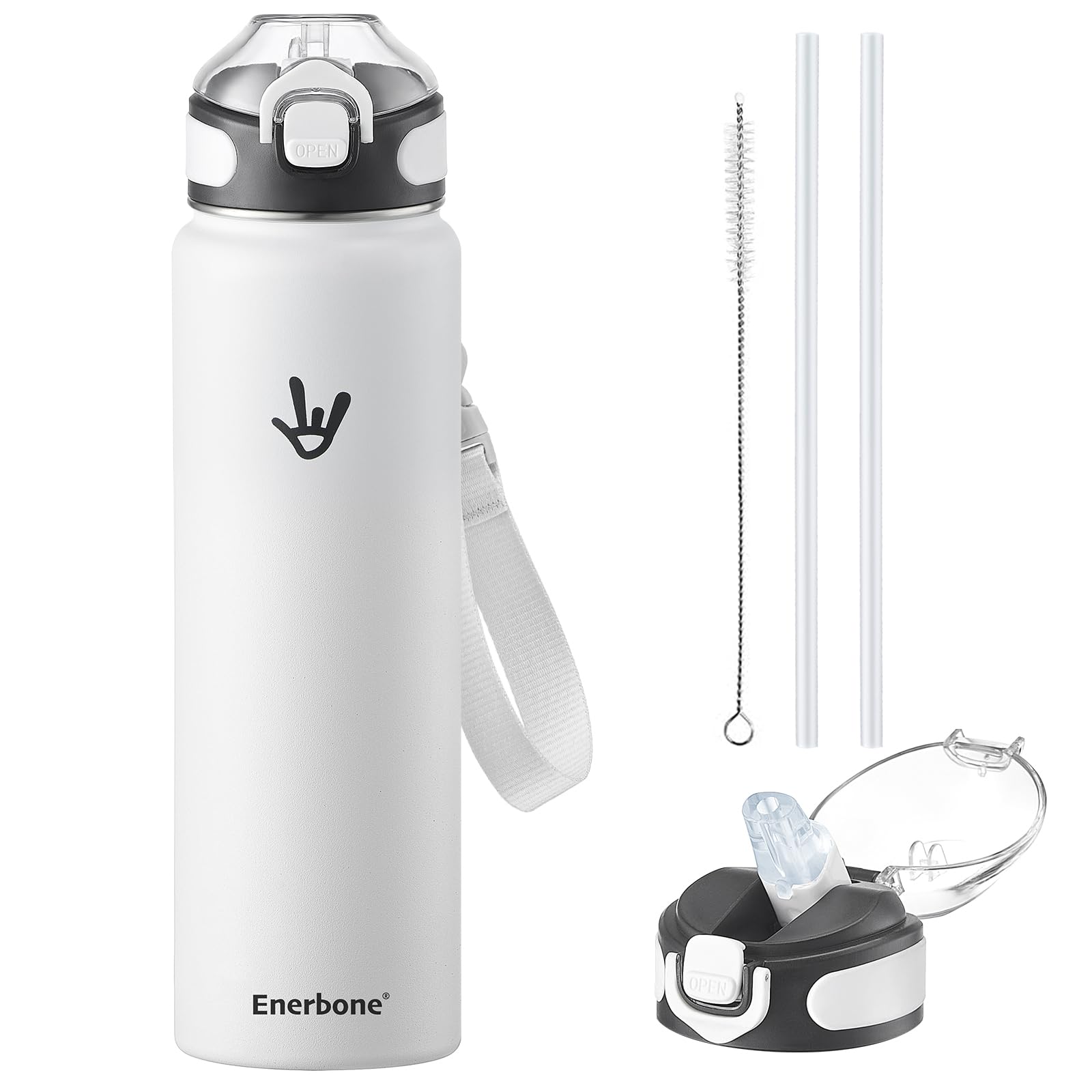 Enerbone 32 oz Insulated Water Bottle, Stainless Steel Bottle with Carrying Strap, Double-Wall Vacuum Insulation Design, Leakproof Sports Bottle with