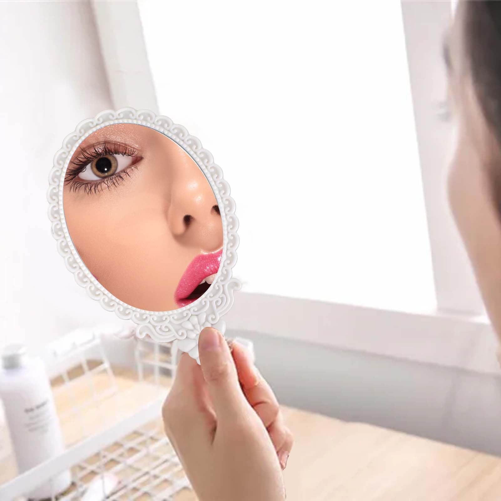 Specchio con Manico,Specchio Portatile Professionale,Specchio Barbiere con Comoda Maniglia,Specchio Cosmetico Forma Rotonda,Sostenibile e Durevole,Perfetto per Radersi o Applicare il Trucco (Bianco)