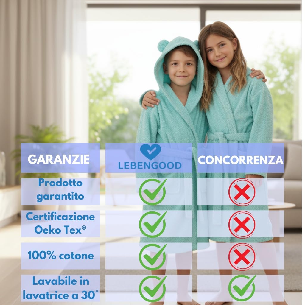 LEBENGOOD - Accappatoio Bambini adolescenti Cotone: Bambino, Bambina, 100% Cotone OEKO-TEX - 2 tasche, cintura, cappuccio
