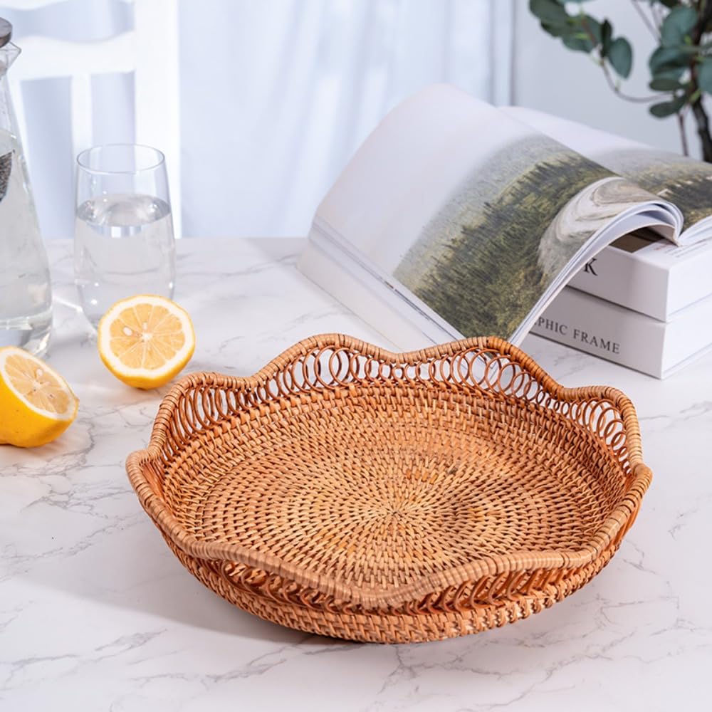 Ladfrol ラタンかご 収納バスケット 透かし編み 丸型 パンかご 来客用 フルーツ おやつ入り 自宅 工芸 手作り (レース[