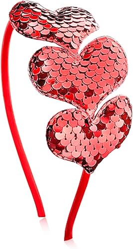 Diadema de corazón con lentejuelas rojas para el cabello, banda con purpurina en forma de tres corazones, aro para el cabello para fiestas, diadema