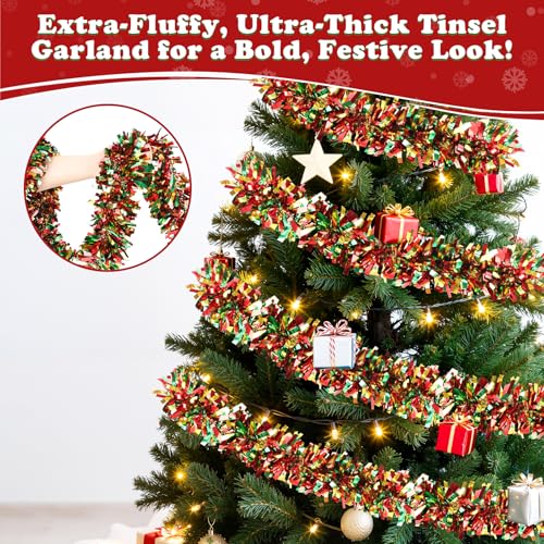 Image of 50FT Christmas Tinsel Garland, Red Green&Gold Metallic Twist Shiny Hanging Garland Ornaments for Christmas Tree, Party Supplies Thick Metallic Xmas Streamers