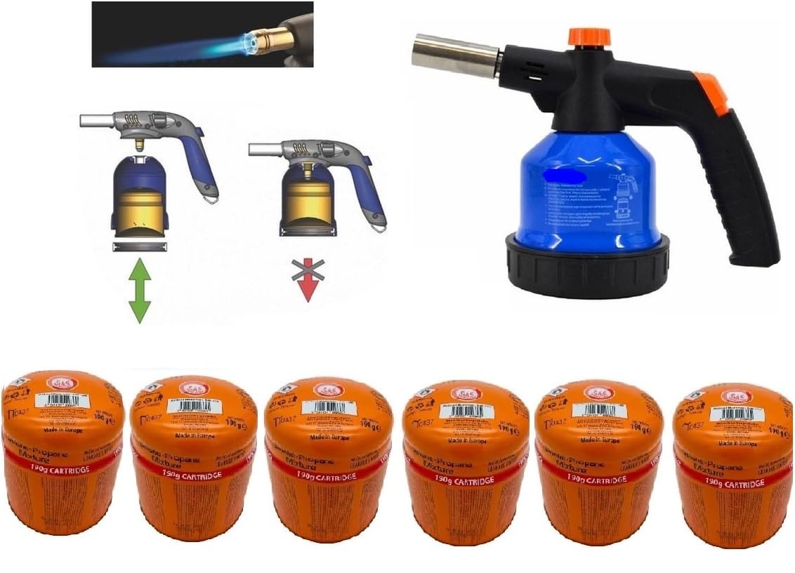 SMH LINE Brûleur à gaz avec 6 cartouches de 190 g, chalumeau de soudage, flamme réglable, allumage piézoélectrique