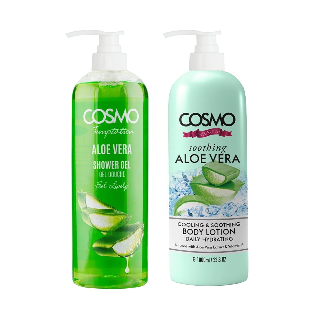 Cosmo Skin Care Bath & Body Set | Temptation Aloe Vera Shower Gel 1000ml & Soothing Body Lotion 1000ml | Hydrate & Moisturize | Cleansing Body Wash | For All Skin Types | Non Greasy | For Men & Women-image-10