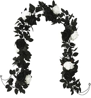 Greentime 2 Pack Black White Flower Leaf Garlands Artificial Halloween Hanging Leave Vines Thanksgiving Decoration for House Wedding