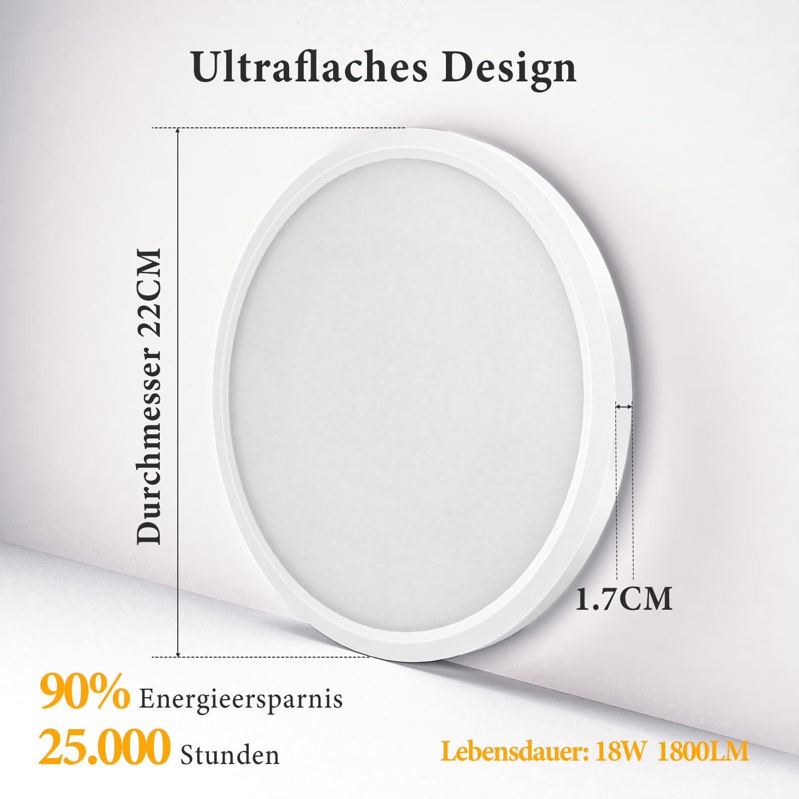 Lampa sufitowa LED, 18 W, 1800 lm, 4000 K, Ø22, okrągła lampa sufitowa do łazienki, kuchni, sypialni, przedpokoju, garażu, balkonu, biura