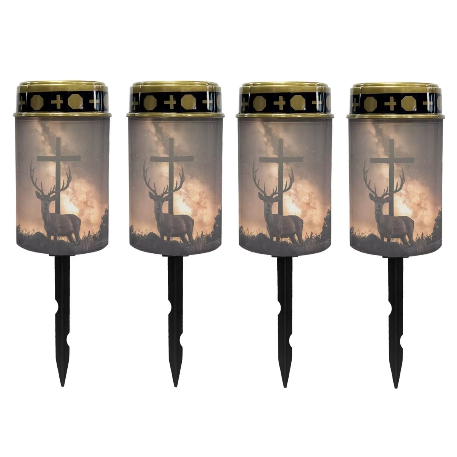 Poceacles 4 PCS Cross Solar Pathway Lights - Outdoor Grave Solar Lights, Waterproof Cemetery Flameless Candles, Brown