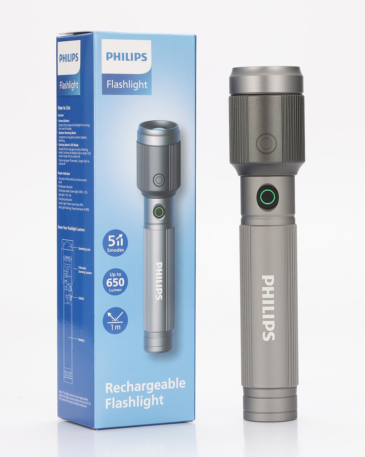 PHILIPS 15W Torch Light Zoomable, 1200mAh Handheld Flashlight Rechargeable and Stepless Dimming, 650 Lumens, 300M Coverage, Portable Led Flash Light for Home, Camping, Hiking, Emergency-image-43
