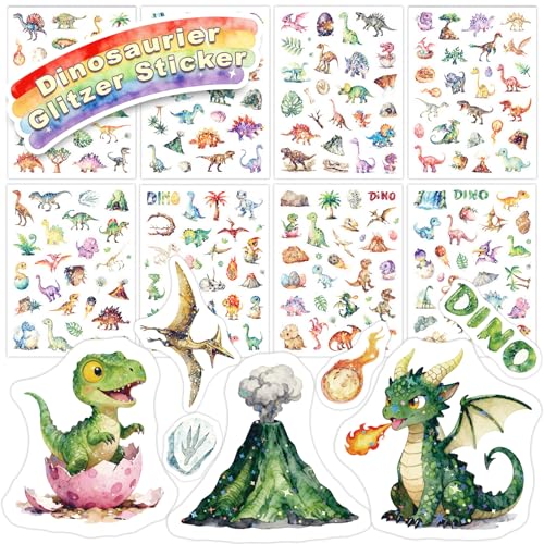 Dinosaures Pailletés Autocollant pour Enfants, 8 Pièces Avec Effet Pailleté Stickers Dinosaures...