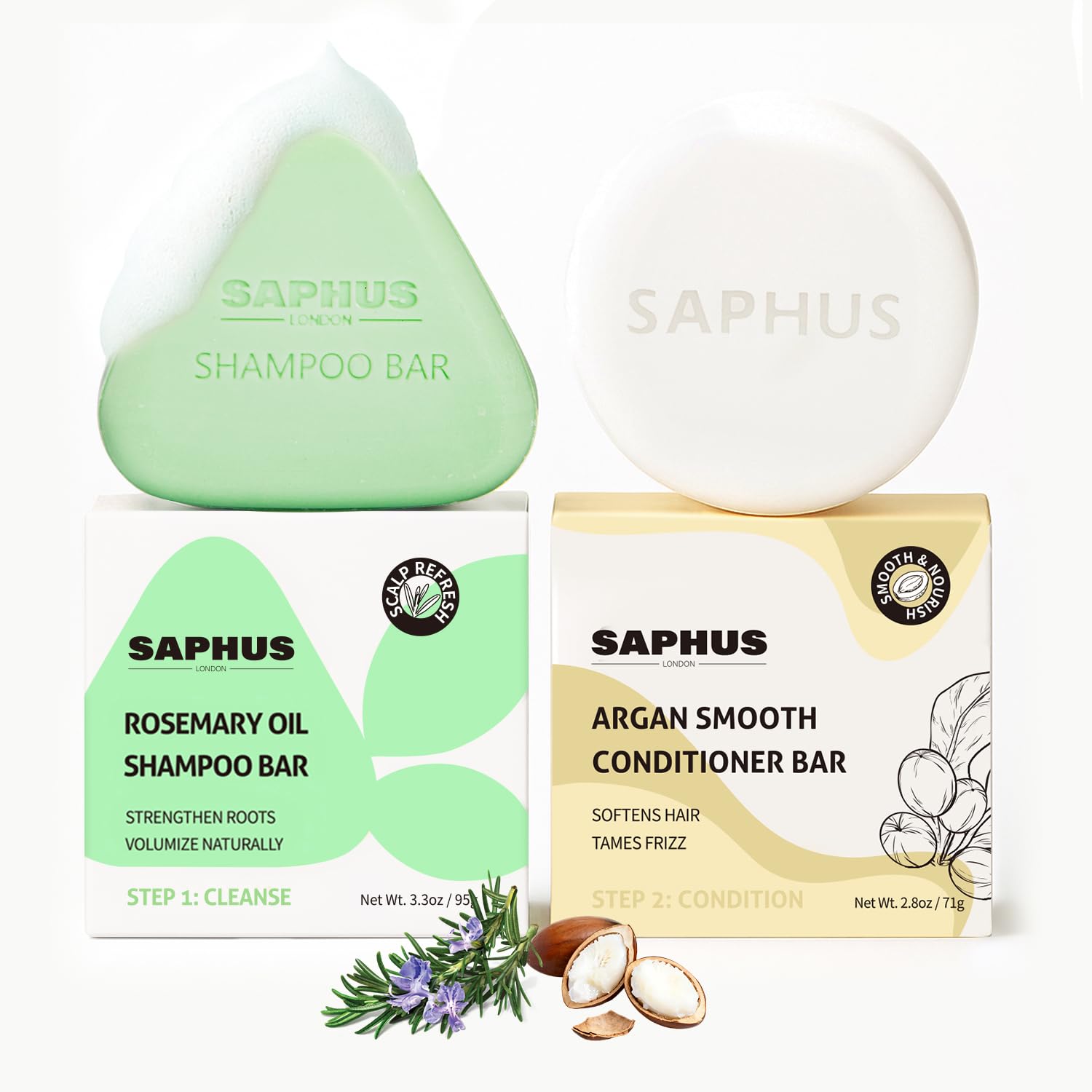 Rosemary Oil Shampoo Bar & Argan Conditioner Bar Set – Strengthening, Volumizing Solid Duo for Fine or Thinning Hair – Natural Hair Growth & Scalp Refresh