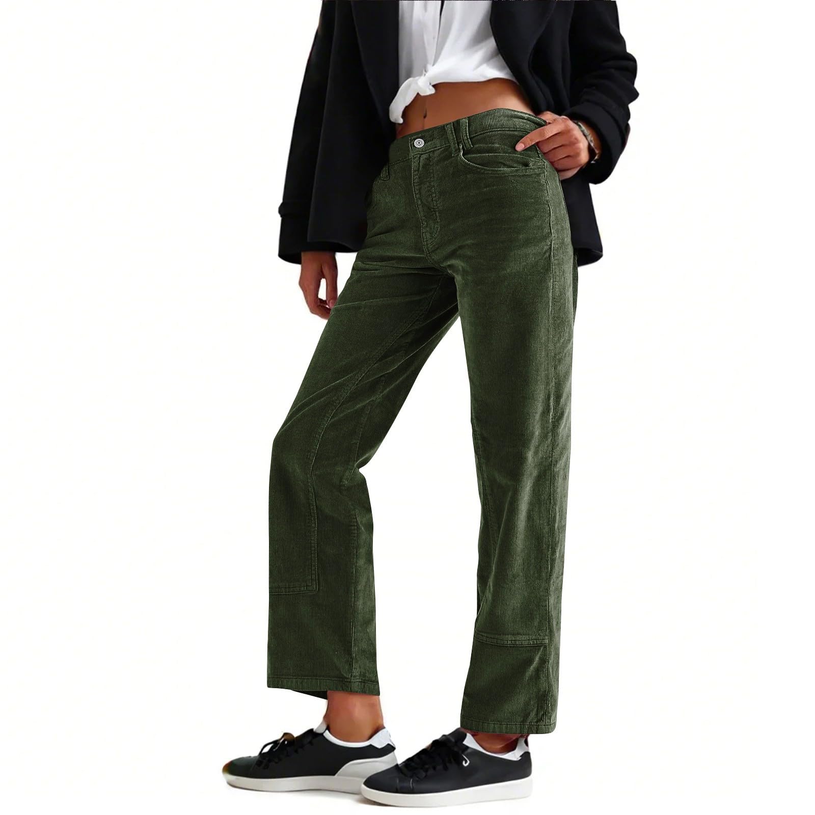 Womens Corduroy Pants Mid Rise Pants Loose Fit Wide Leg Casual Straight Trousers Comfy Elastic Waist Pant with
